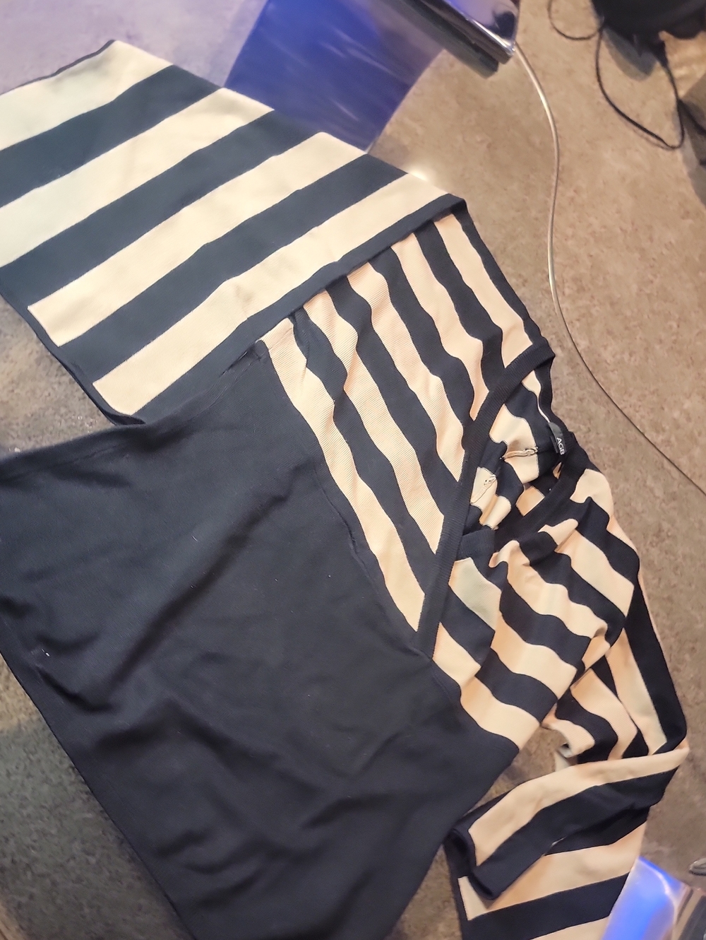 A.G.B. black and camel striped long-sleeve knit sweater with a faux-wrap V-neck